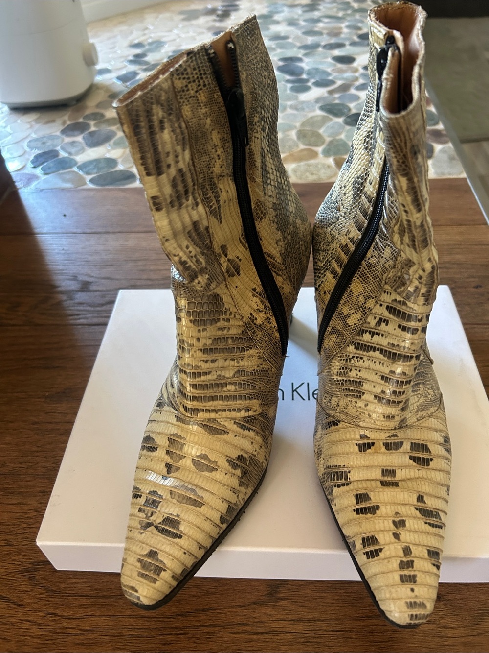 Pointed Toe Snake-Print Ankle Boots in Cream